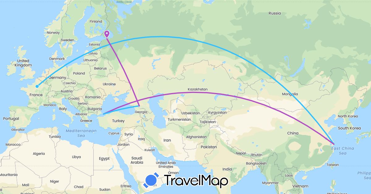 TravelMap itinerary: driving, train, boat in China, France, Russia, Turkey (Asia, Europe)